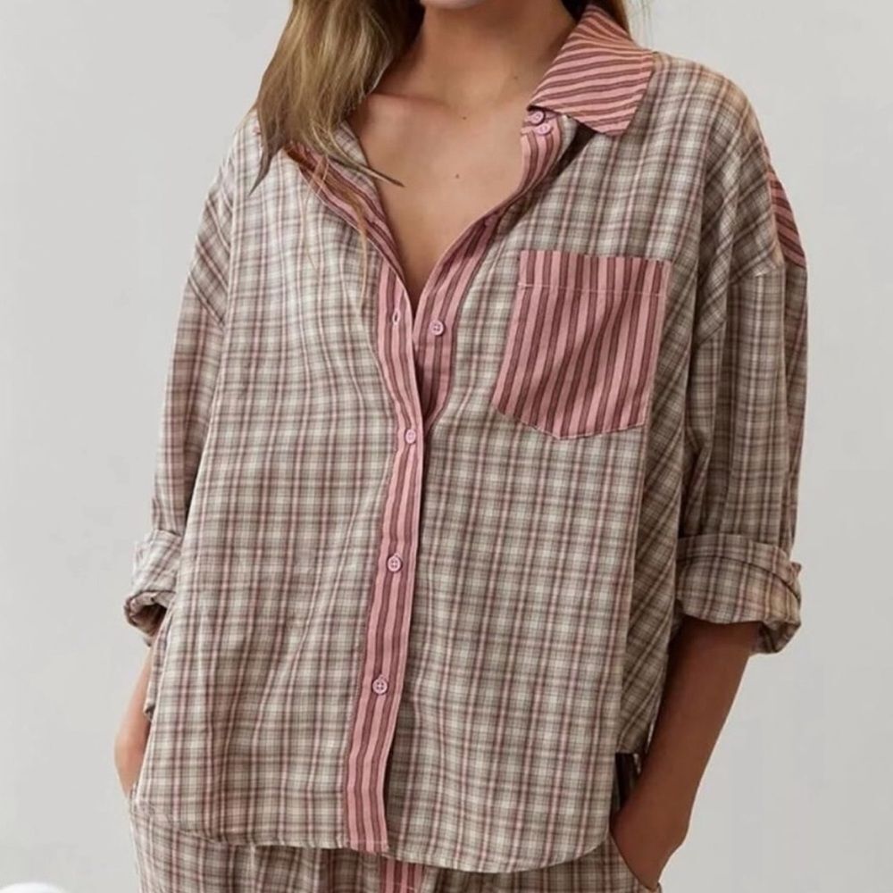 Urban Outfitters Out From Under Button Down Plaid‎ Striped Top Small